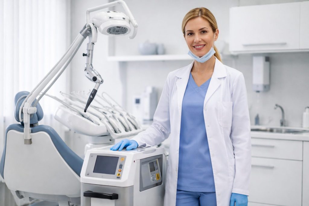 Dental clinic treatment room with dental laser equipment and dentist preparing for laser use