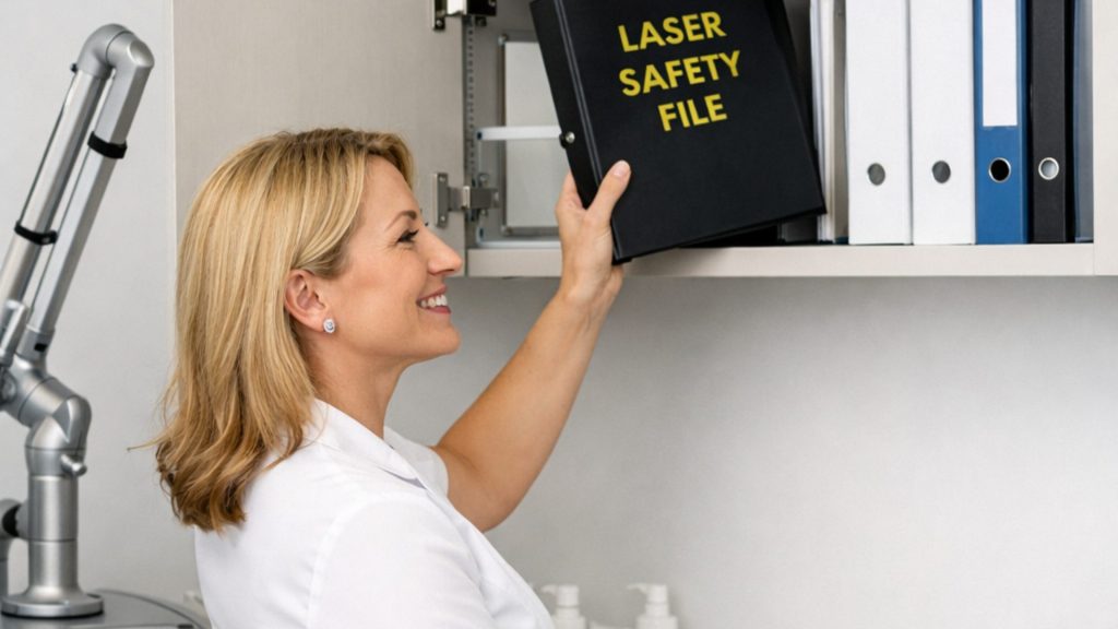 Laser safety controls and documentation in an aesthetic clinic treatment room