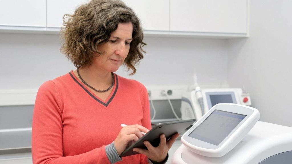 Laser Protection Adviser conducting a laser safety risk assessment and reviewing documentation